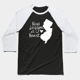 New Jerseyan At Heart: New Jersey State Pride Calligraphy State Silhouette Baseball T-Shirt